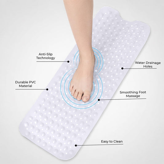 MOONLIGHT20015 Shower Bath Mat Non Slip Anti Mould & Mildew with Strong Suction Cups Grip and Drain Holes Soft Rubber Shower Mats - PVC Bathroom Mat Machine Washable (70x38cm, White)