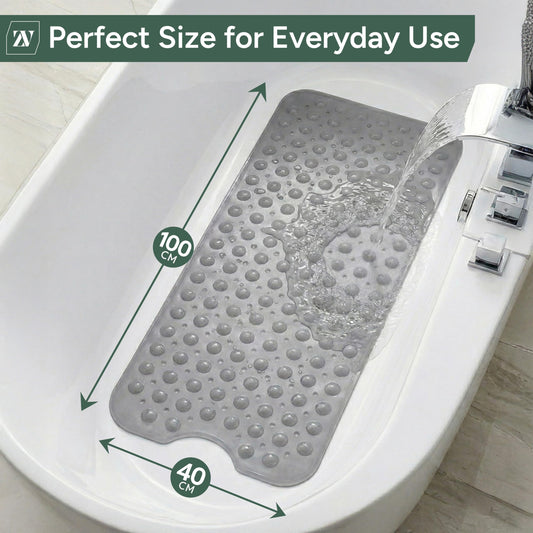 Zuvo Extra Long Non-Slip Bath Mat 100 x 40 cm | Strong Suction Cups & Anti-Mould | Machine Washable | Child & Senior Safety | Grey
