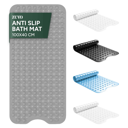 Zuvo Extra Long Non-Slip Bath Mat 100 x 40 cm | Strong Suction Cups & Anti-Mould | Machine Washable | Child & Senior Safety | Grey