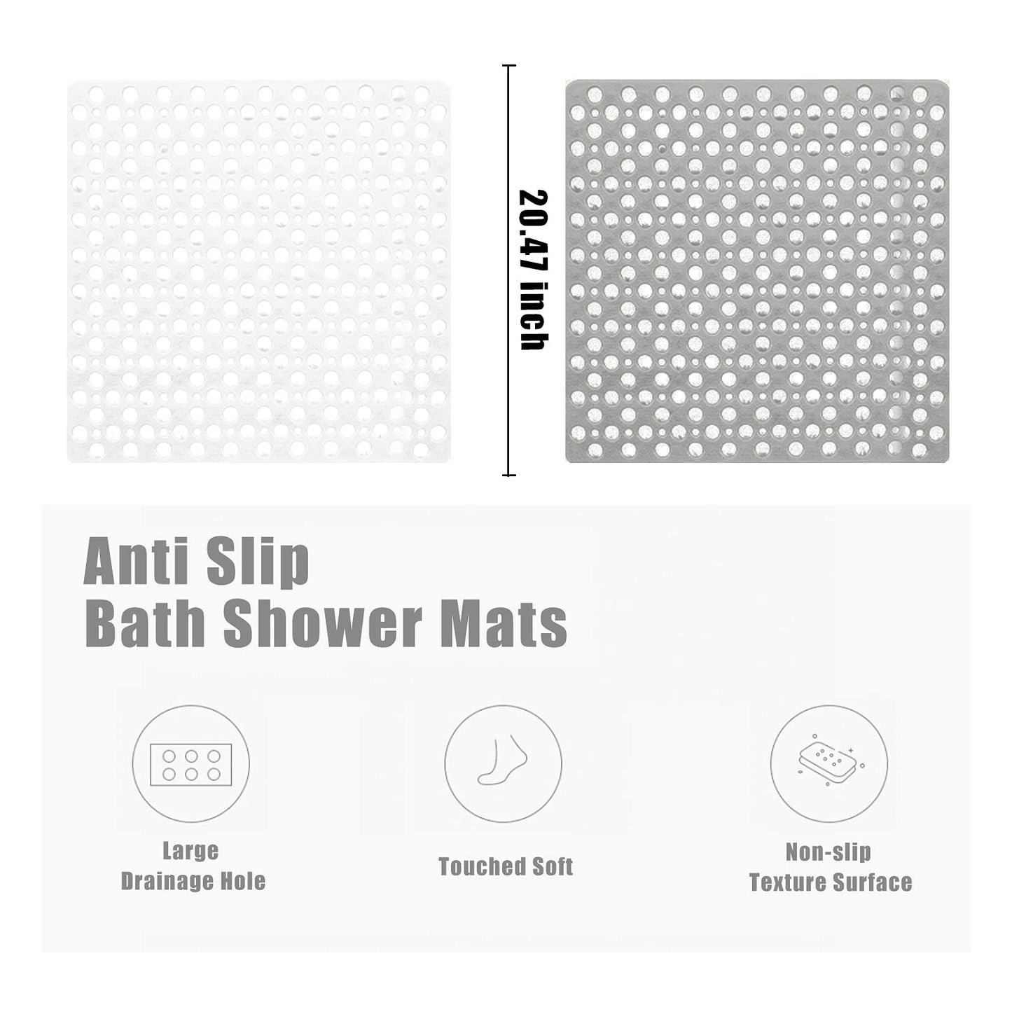 Venuso Square Shower Mats Non Slip Anti Mould, 53 x 53 cm Rubber Anti Slip Bath Mat with Drain Holes, Machine Washable, Grey