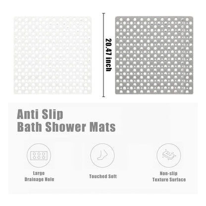 Venuso Square Shower Mats Non Slip Anti Mould, 53 x 53 cm Rubber Anti Slip Bath Mat with Drain Holes, Machine Washable, Grey