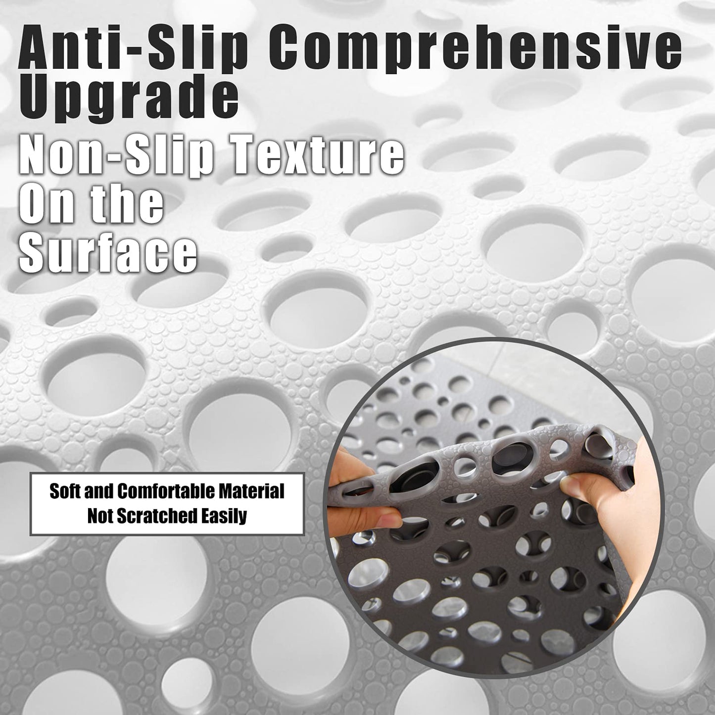 Venuso Square Shower Mats Non Slip Anti Mould, 53 x 53 cm Rubber Anti Slip Bath Mat with Drain Holes, Machine Washable, Grey