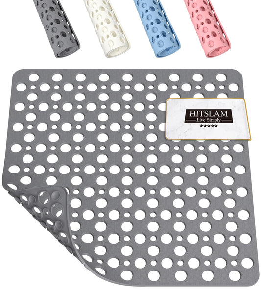 HITSLAM Square Shower Mat Non Slip Anti Mould, 53 x 53 cm TPE Bath Mat for Tub Anti Slip, Bathroom Anti Slip Shower Mat With Suction Cups and Drain Holes, Machine Washable, Grey