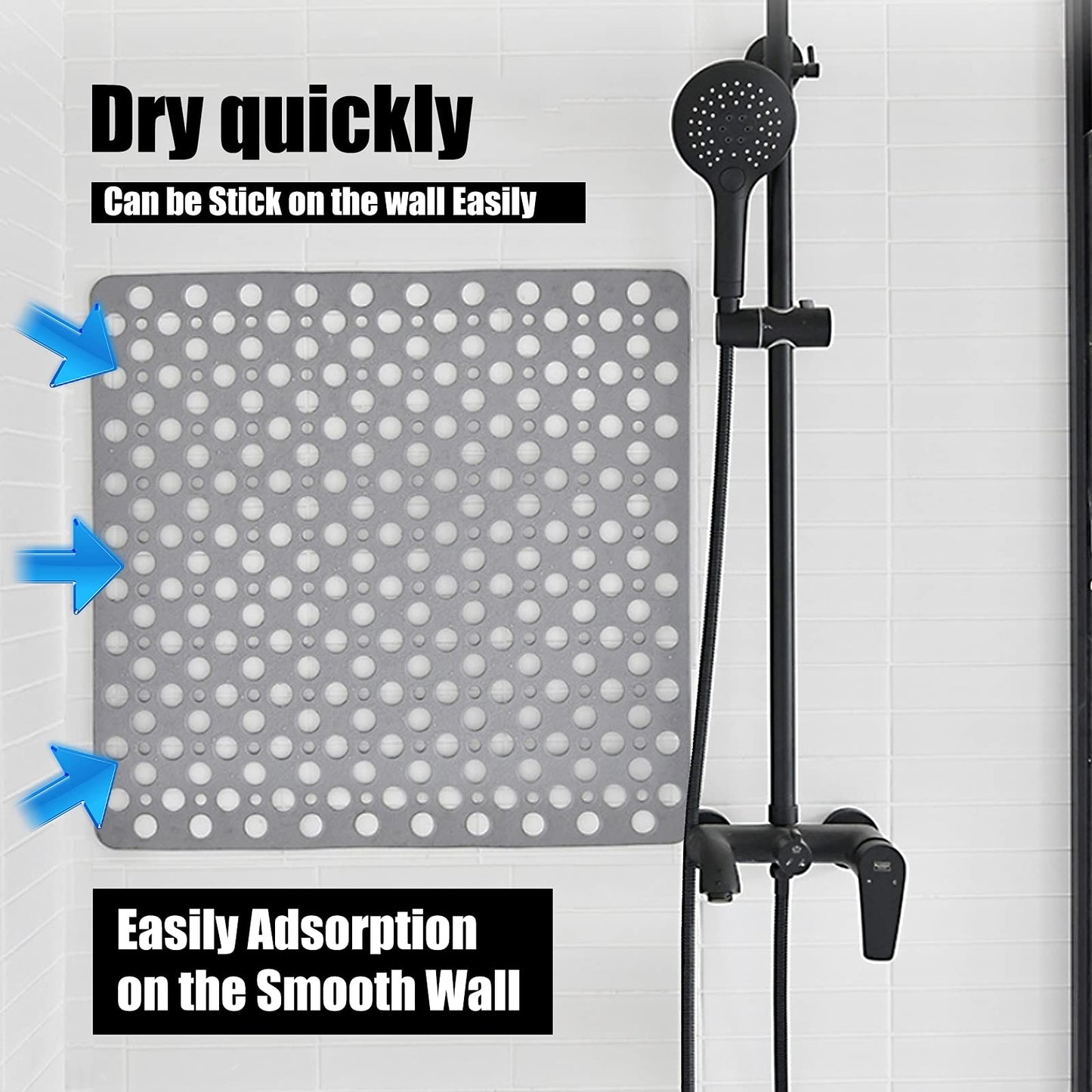 Venuso Square Shower Mats Non Slip Anti Mould, 53 x 53 cm Rubber Anti Slip Bath Mat with Drain Holes, Machine Washable, Grey