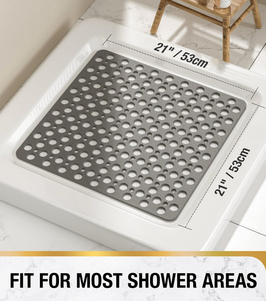 HITSLAM Square Shower Mat Non Slip Anti Mould, 53 x 53 cm TPE Bath Mat for Tub Anti Slip, Bathroom Anti Slip Shower Mat With Suction Cups and Drain Holes, Machine Washable, Grey