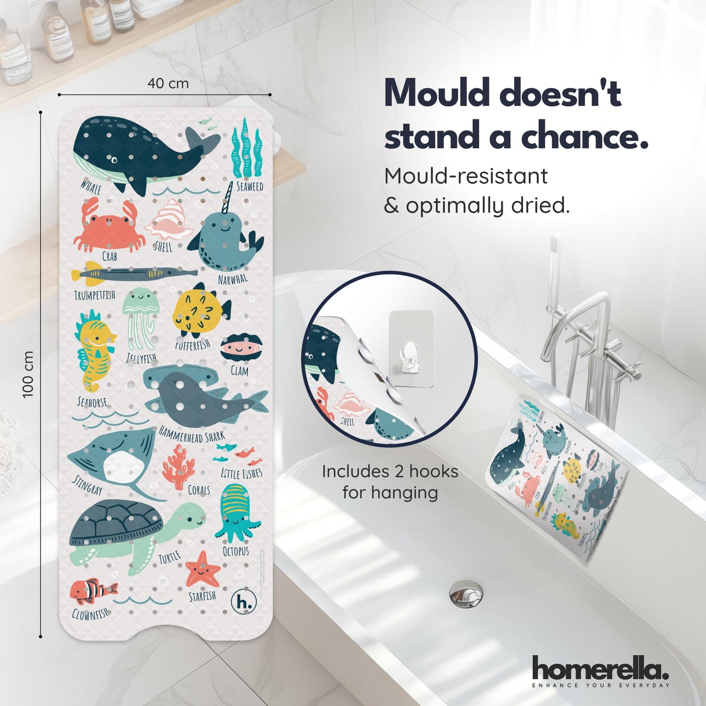 Homerella Bath Mat Non Slip Anti Mould Kids 100x40cm INCL. 2 HOOKS - Anti Slip Bathtub Mat Machine Washable, BPA free, Toddler Non Slip Bath Mat for Inside Bath Tub - Colorful underwater ABC