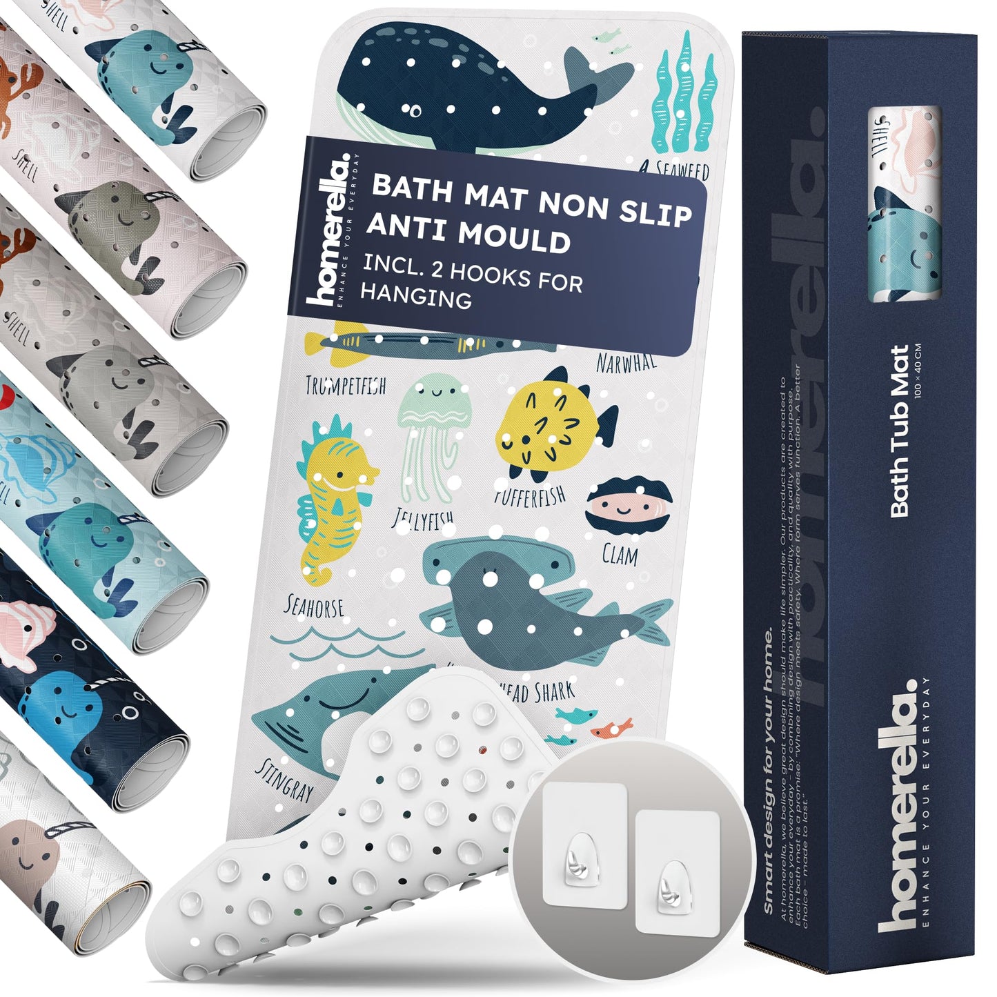 Homerella Bath Mat Non Slip Anti Mould Kids 100x40cm INCL. 2 HOOKS - Anti Slip Bathtub Mat Machine Washable, BPA free, Toddler Non Slip Bath Mat for Inside Bath Tub - Colorful underwater ABC