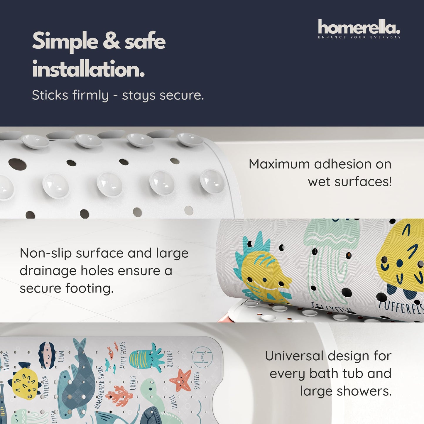 Homerella Bath Mat Non Slip Anti Mould Kids 100x40cm INCL. 2 HOOKS - Anti Slip Bathtub Mat Machine Washable, BPA free, Toddler Non Slip Bath Mat for Inside Bath Tub - Colorful underwater ABC