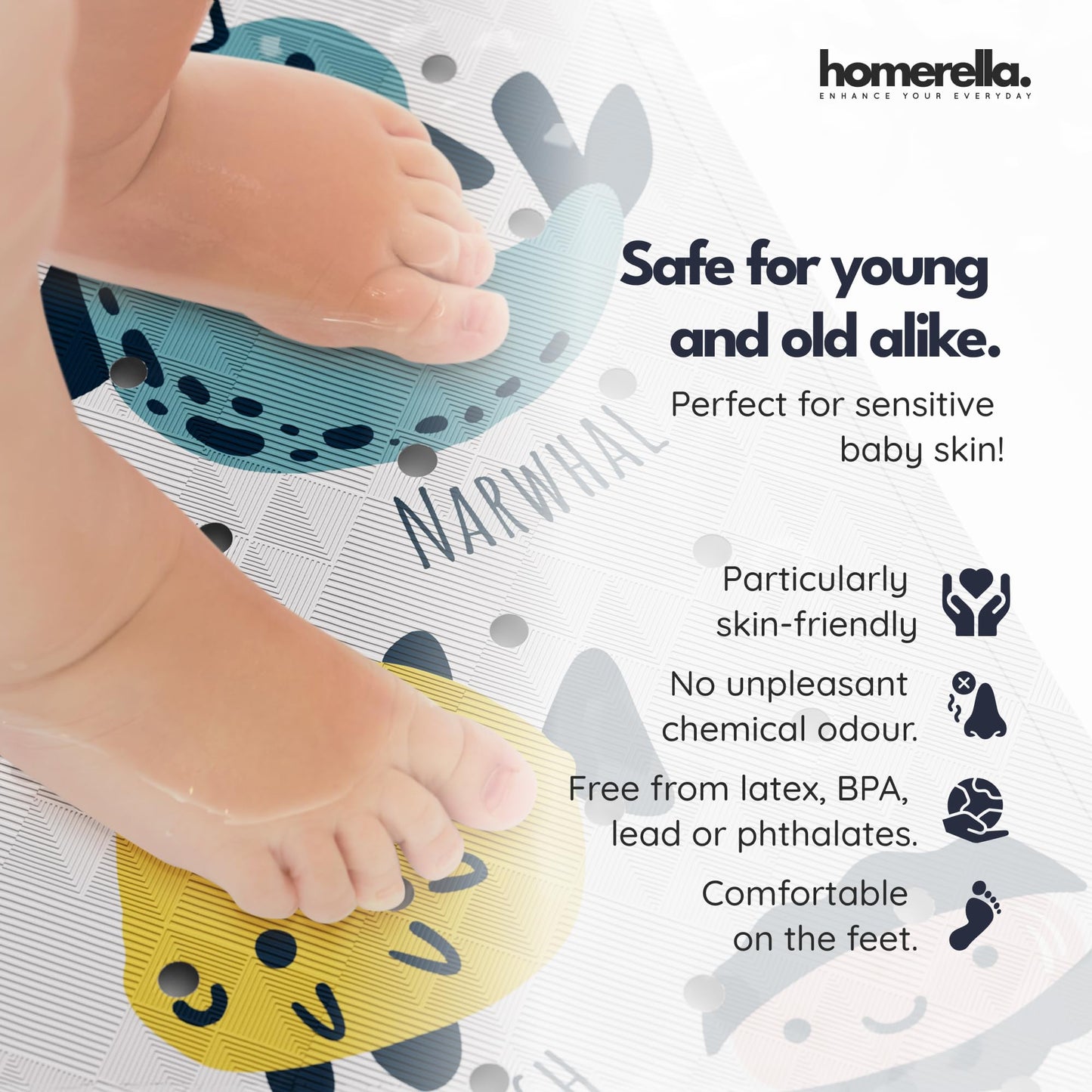 Homerella Bath Mat Non Slip Anti Mould Kids 100x40cm INCL. 2 HOOKS - Anti Slip Bathtub Mat Machine Washable, BPA free, Toddler Non Slip Bath Mat for Inside Bath Tub - Colorful underwater ABC