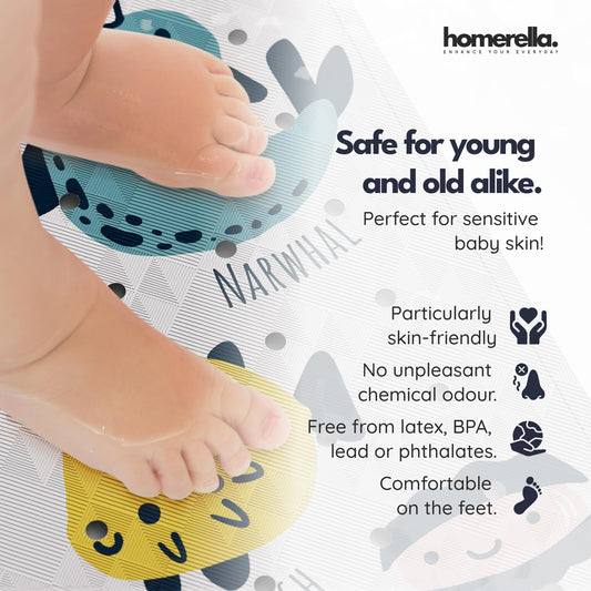 Homerella Bath Mat Non Slip Anti Mould Kids 100x40cm INCL. 2 HOOKS - Anti Slip Bathtub Mat Machine Washable, BPA free, Toddler Non Slip Bath Mat for Inside Bath Tub - Colorful underwater ABC