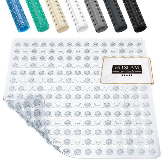 HITSLAM Shower Mat Non Slip Anti Mould, Bath Mat Anti Slip With Suction Cups and Drain Holes, Square Shower Mat for Inside Shower 53 x 53cm, Machine Washable Bath Mat for Tub, Clear